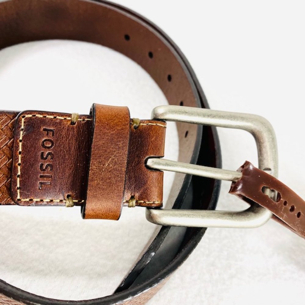 Rare Edsel Brown Fossil Leather Belt w/Woven Look - Size 40 - NWT - Picture 6 of 7